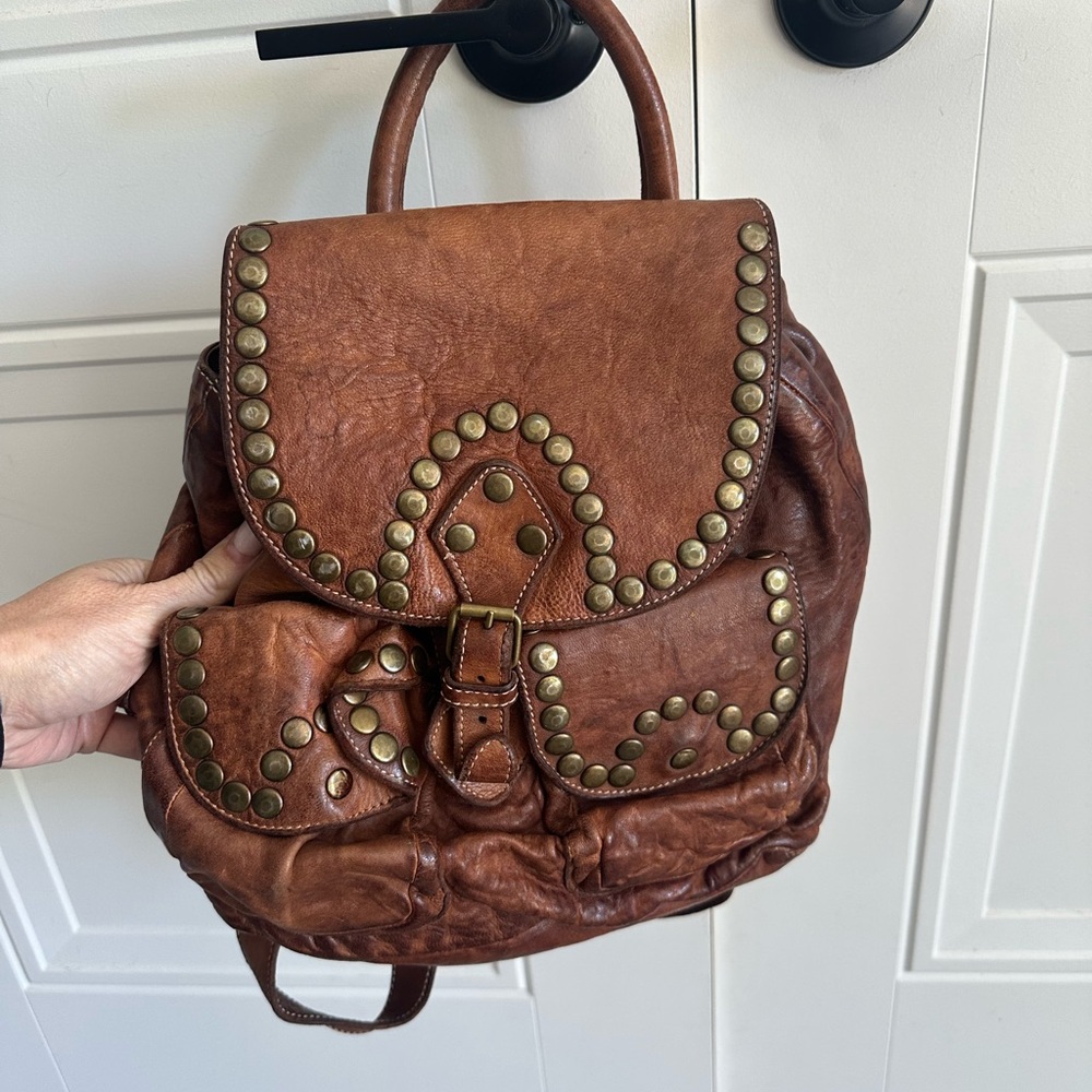 Langelloti Brown Distressed Leather Backpack with Studded Details